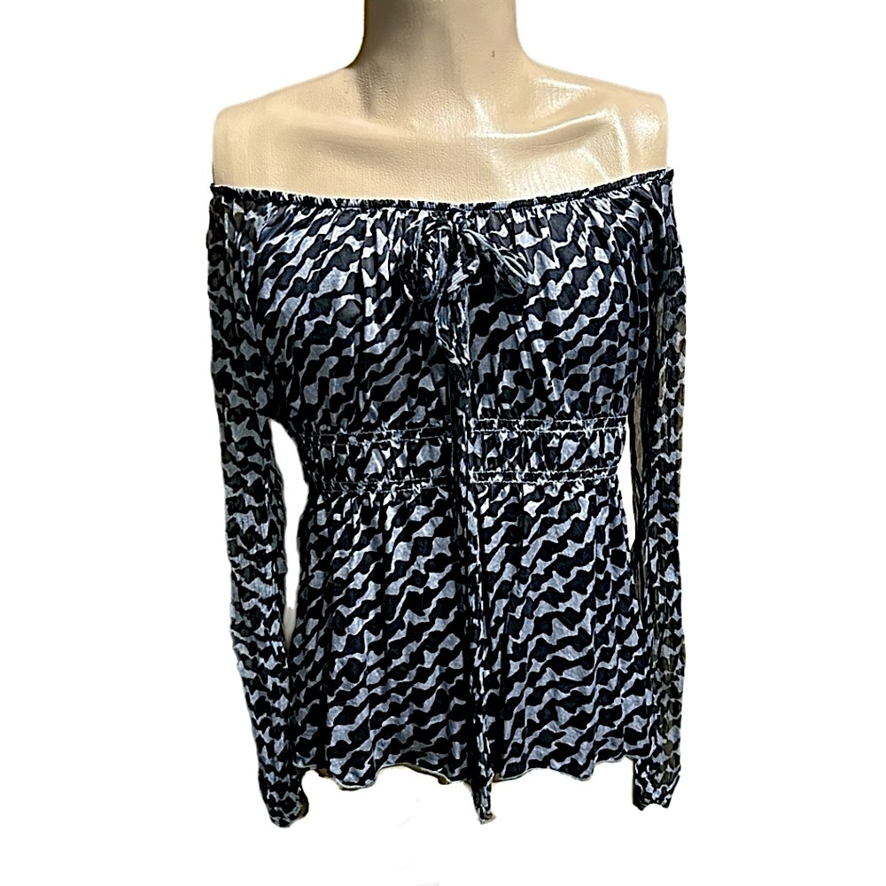 NWOT Women’s Karen Kane Silk Patterned Off Shoulder Gypsy Top in Blue